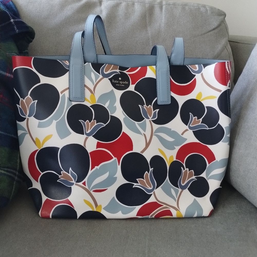 Kate Spade Reversible Arch Place Mya Breezy Floral Blue Leather Tote Nwot